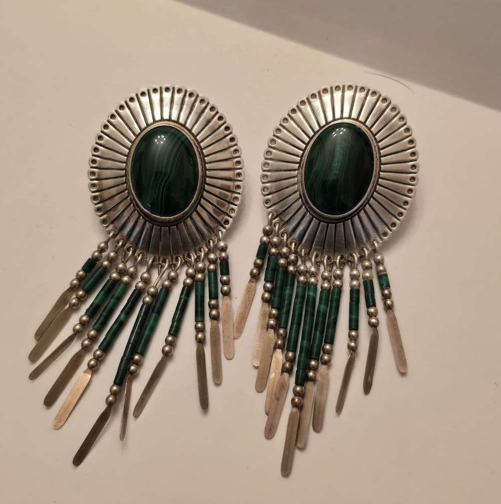 Sterling Silver Malachite Native American Earrings